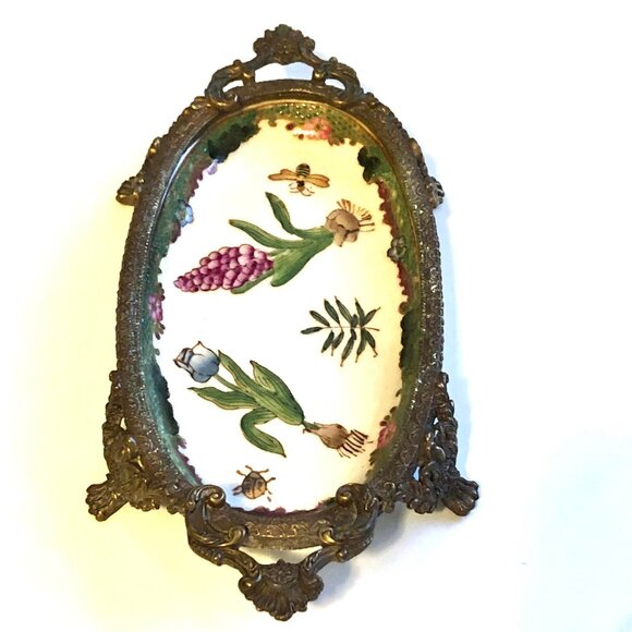 NWT WONG LEE Hand Painted Porcelain Bronze Ormolu Oval Tray Soap Dish 8x4" - Picture 5 of 7